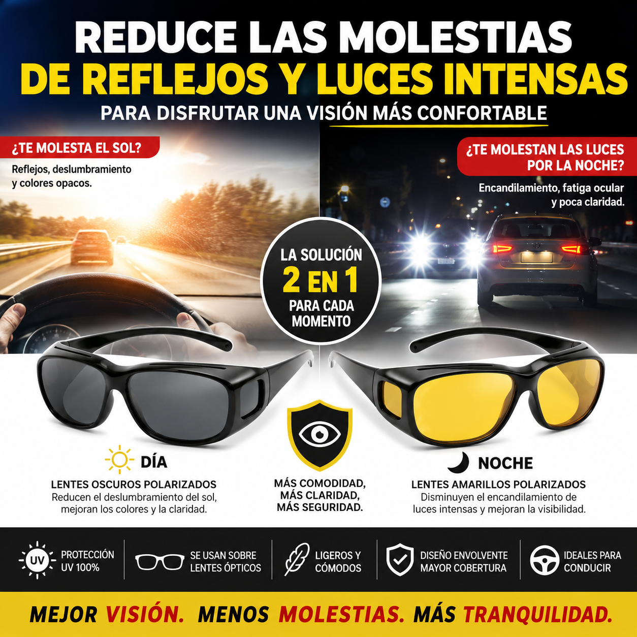 Lentes HD Vision 2x1 para el día y la noche