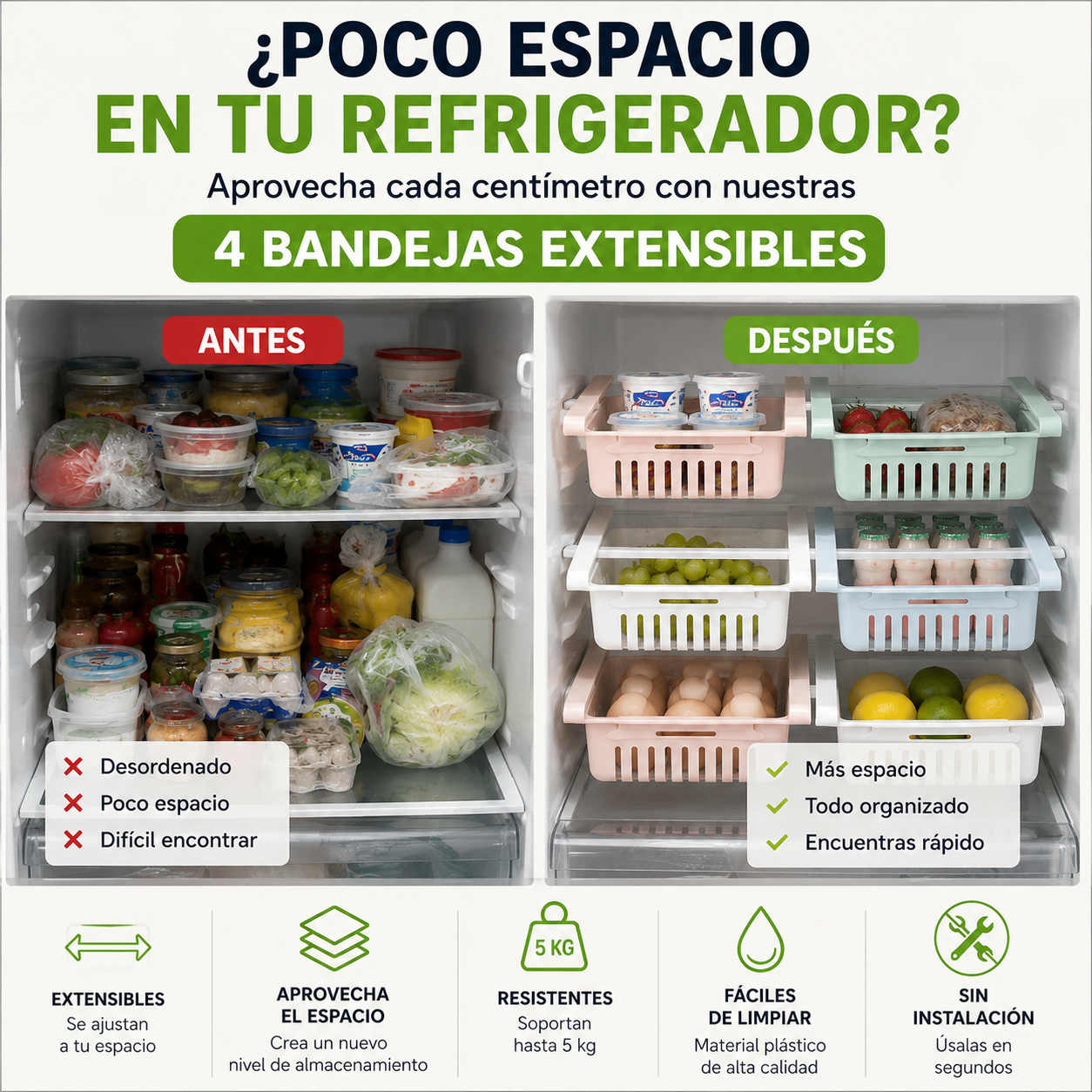 Set de 4 Bandejas Extensibles para Refrigerador